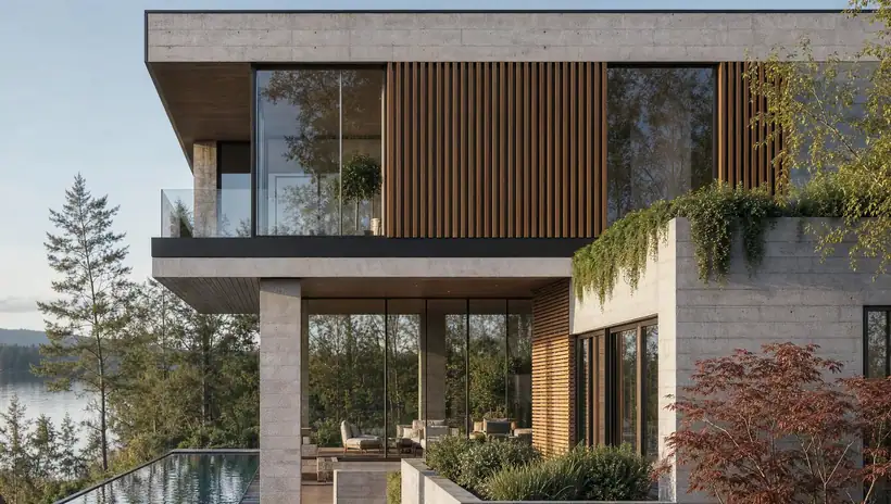 Göl evi cephe detayı — mimari görselleştirme, CG Crafts Studio